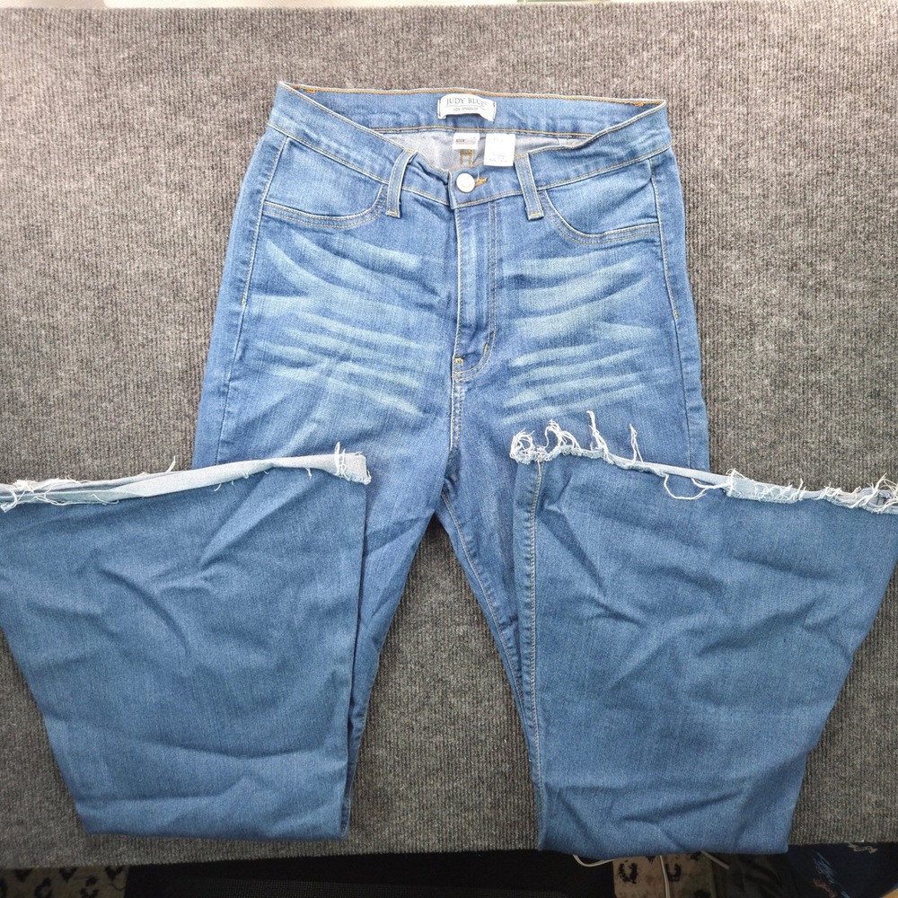 Judy Blue Flare Jeans Womens 13/31 Blue Denim High Rise Raw Hem Western Core